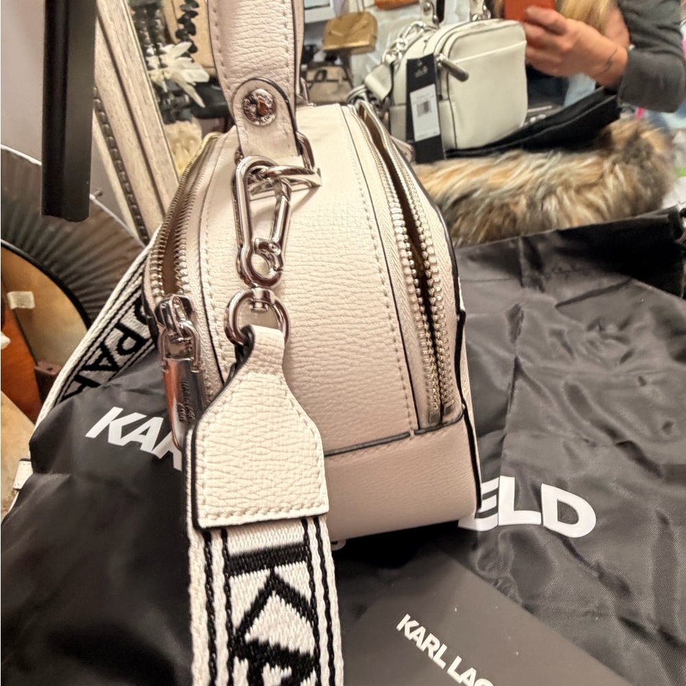 Karl Lagerfeld White Crossbody Camera Bag with Multicolor Braided Trim - Picture 3 of 6